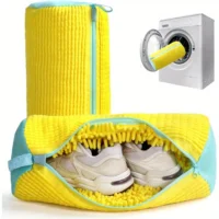 Sac de lavage pour chaussures résistant, compatible avec tous types de chaussures - Jaune avec fermeture éclair bleue, idéal pour les baskets et les chaussures décontractées.