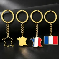 Porte-Clés Carte & Drapeau France en Acier Inoxydable — Pendentif Unisexe Doré ou Argenté — Accessoire Sac & Clés